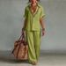 Women's 3D Textured V-Neck Tunic And Palazzo Pants Set Loose Fit Breathable Linen-Like Outfit in Black Matcha Royal Blue Camel Yellow White_ecoleips.com