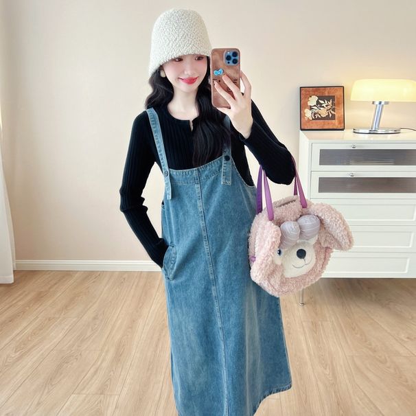 Autumn New Korean Fashion Two-Piece Maternity Denim Strap Dress_ecoleips.com