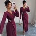 Elegant Women's V-Neck Long Sleeve Midi Dress Slim Fit Solid Color Casual Dress for Women_ecoleips.com