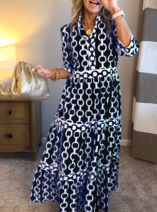 Women's Clothing Hot New Models Spring And Summer Geometric Print Round Neck Long Skirt Women's Dress_ecoleips.com