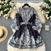 Women's Clothing Print Single Breasted V Neck Lantern Sleeve Waisted Medium Length Dress For Small People_ecoleips.com