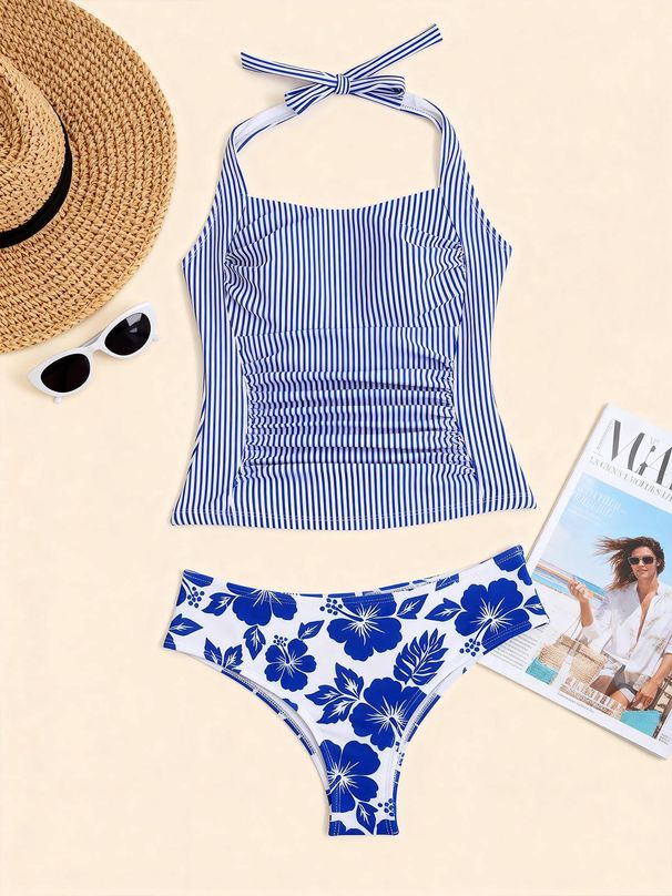 2026 New Fashion Women's Off-Shoulder Backless Split Bikini Two-Piece Swimsuit Striped Print With Bottom Shorts_ecoleips.com