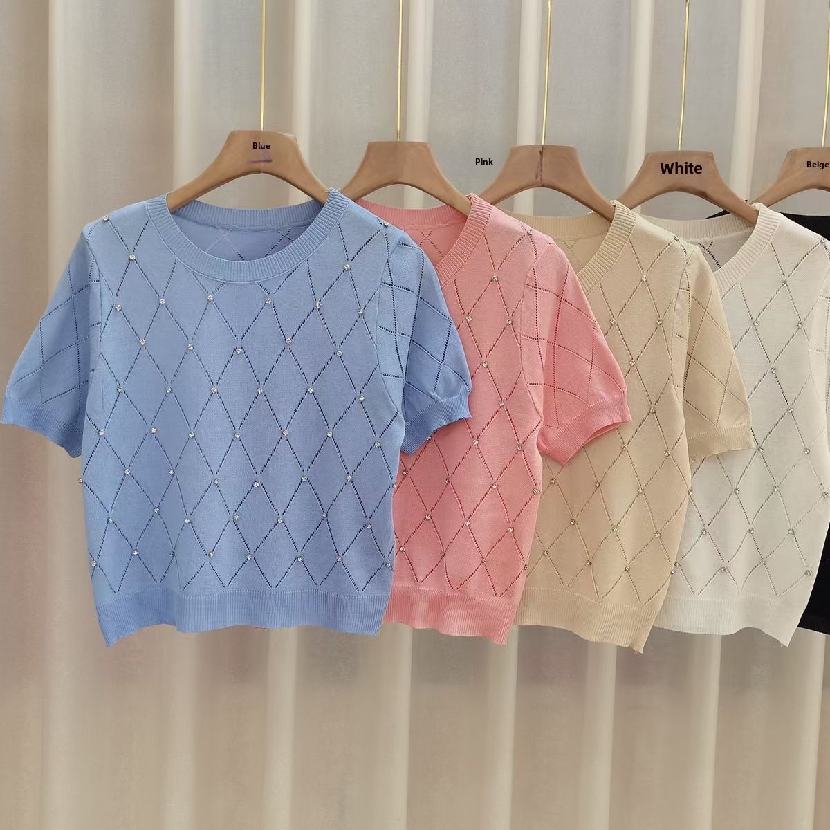 Women's French Style Rhinestone Knit T-Shirt Round Neck Short Sleeve Puff Sleeve Hollowed Out Pattern Heavy Duty New Summer Top_ecoleips.com
