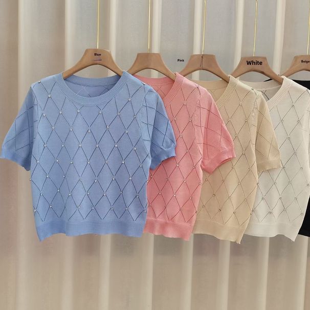 Women's French Style Rhinestone Knit T-Shirt Round Neck Short Sleeve Puff Sleeve Hollowed Out Pattern Heavy Duty New Summer Top_ecoleips.com