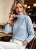 Light Blue Turtleneck Pit Rib Knit Sweater, Loose Lightweight Breathable Soft Skin-touch Long Sleeve Pullover_ecoleips.com