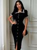 Color Blocked Lace Short Sleeved Knit Dress American Style Summer New Lapel Slim Fit Bodycon Skirt For Women_ecoleips.com