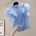 Women's Heavy Duty Hollowed Out Embroidery Layered Chiffon Ruffle Patchwork Stand Collar Shirt Flutter Sleeve New Summer Fashion Top_ecoleips.com