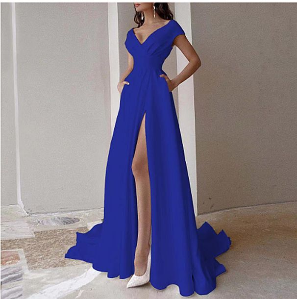 Women's Clothing Official Picture V Neck Ruffled White Mid Waist Solid Color Temperament Commuter Long Skirt Dress_ecoleips.com