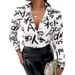 Large-Size Fashionable And Elegant T-Shirt With Letter-Painted Color Printing, Buttoned Collar, Open-Front Long-Sleeve K_ecoleips.com