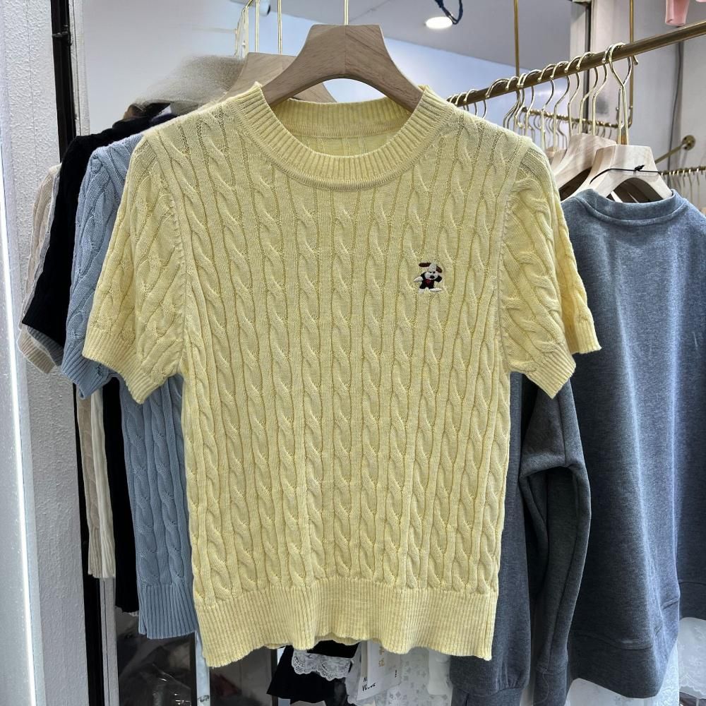 Women's Clothing Round Neck Twisted Thread Embroidery Short Sleeved Wool Sweater Fashion All Match Bottoming Shirt_ecoleips.com