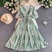 Women's French Style Crossover V Neck Dress Slimming Geometric Print Long Dress With Elastic Waist For Summer_ecoleips.com