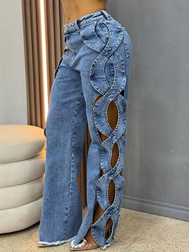 Women's Clothing High-Waisted Wide-Leg Jeans Heavy-Duty Rhinestone Cutout Design Stylish Straight-Leg Pants For Women_ecoleips.com