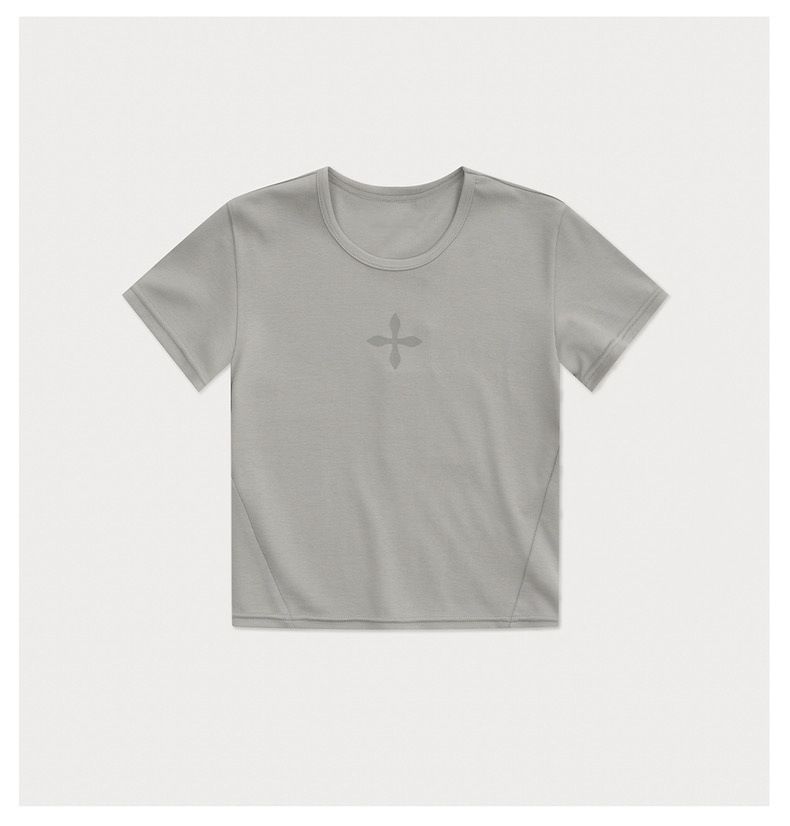 Women's Classic Sports Fitted Tee Cross Stretch Printed Short Sleeve T-Shirt Spring New Top_ecoleips.com