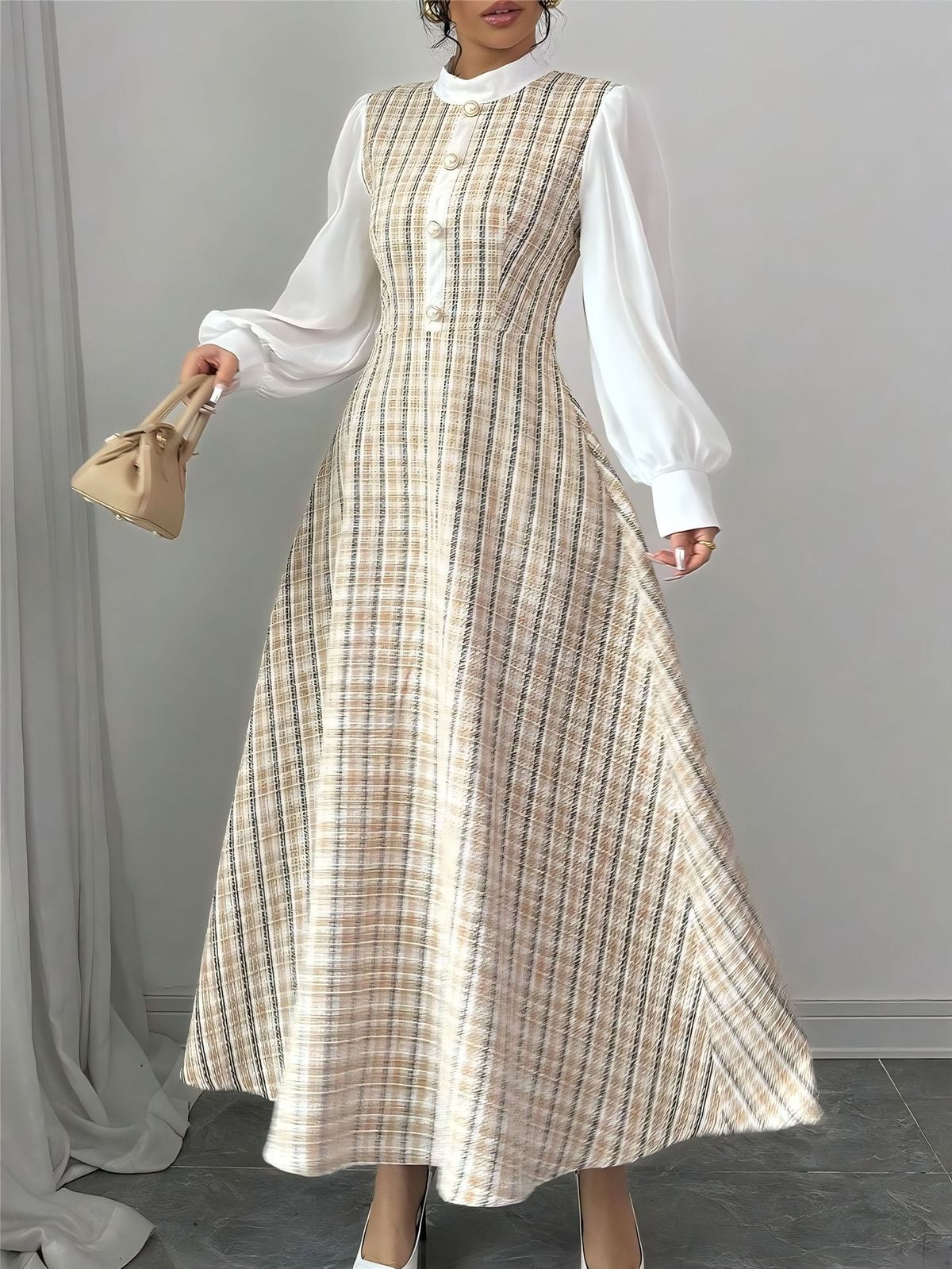 Elegant Slim-Fit Winter Dress For Women - High Waist Long Sleeve Bodycon Dress With Color Blocking Detail, Semi-High Neck Office Dress (White, S-Xxl)_ecoleips.com