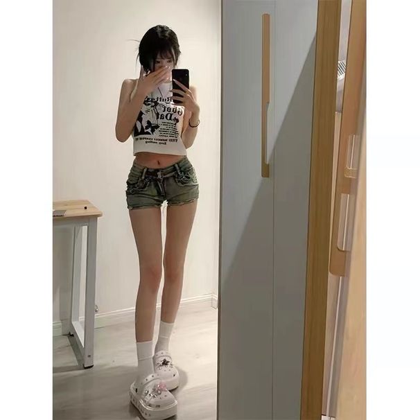 2025s American Style Spicy Girl Willow Low Waist Denim Ultra Shorts Women Spring Summer New Slim Fit Hip-hugging Wide-leg Hot_ecoleips.com