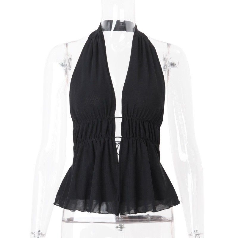 Aria Basics Aria Basics 2024 Autum New Fashio Sexy Solid Color Backless Tie Hollow Slim Halter Top For Cross-Border Europea Ad America_ecoleips.com