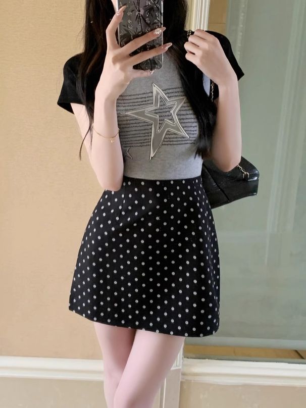ng2510292 Dongdaemun Fashion 2025 Spring Polka Dot Women's Commuting Versatile High Waist Bodycon A-line Suit Short Skirt_ecoleips.com