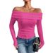 2025 Sexy Off Slimming Long Sleeve Bottom One Shoulder Women's Top T-shirt_ecoleips.com