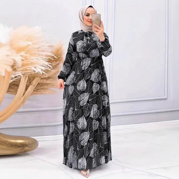 Women's Clothing Middle East Dubai Women's Clothing New Leaf Pleated Skirt Fashion Waist Muslim Dress_ecoleips.com