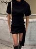 Dulzura O-Neck Short Sleeves Lace Up Bodycon Metal Button Mini Dress Solid Casual Elegant Short Dress Club Streetwear Outfit_ecoleips.com