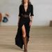 Women's French Vintage V Neck Ruched Waist Button Front Side Slit Long Sleeve Maxi Dress – Elegant Casual Flowy Gown_ecoleips.com