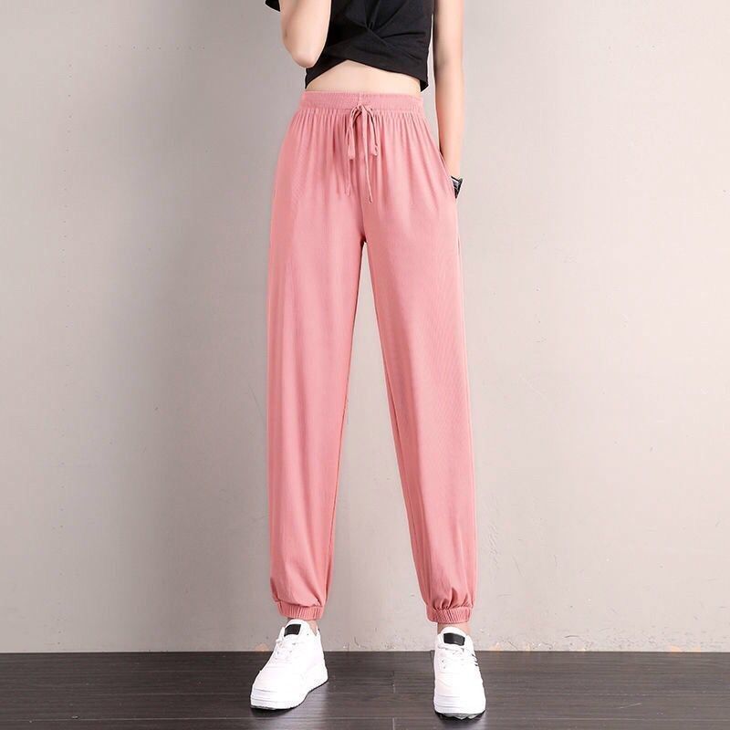 1pcs Summer Womens Ice Silk Pants Female High Elastic Waist Drawstring Pocket Loose Straight Trousers Student Sports Harun Pants_ecoleips.com