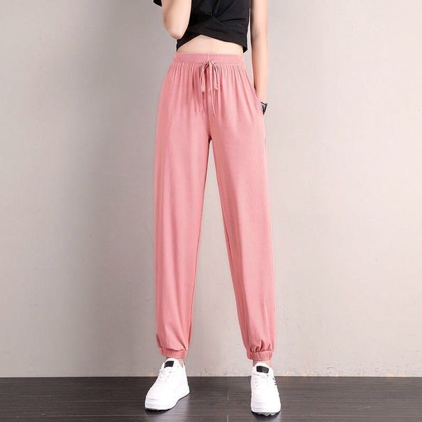 1pcs Summer Womens Ice Silk Pants Female High Elastic Waist Drawstring Pocket Loose Straight Trousers Student Sports Harun Pants_ecoleips.com