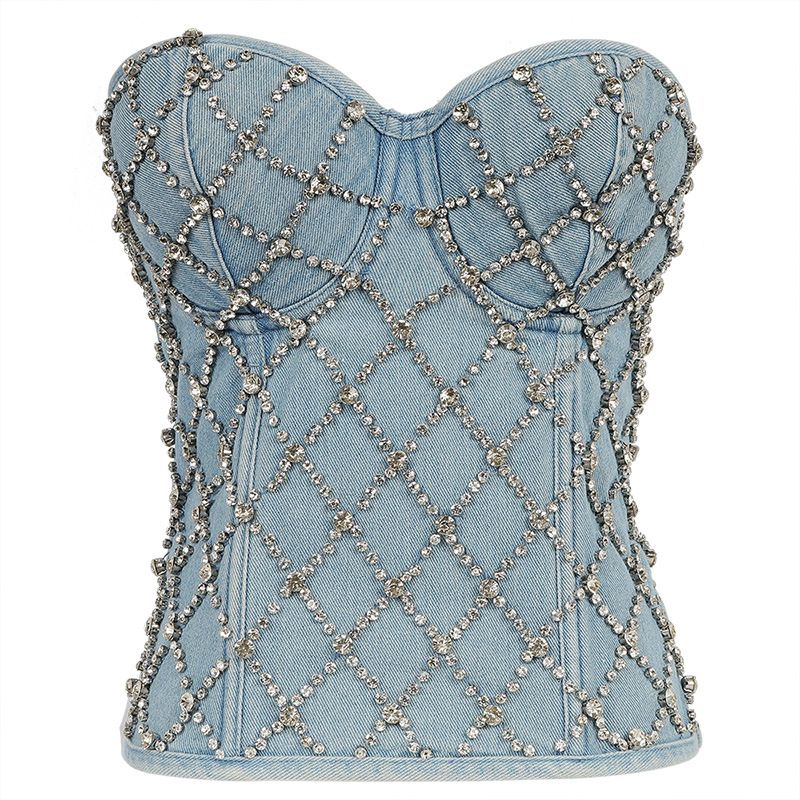 Women's Clothing Diamond Beaded Denim Top Strapless Vest Lace Up Shaping Slimming Zipper Top Women_ecoleips.com