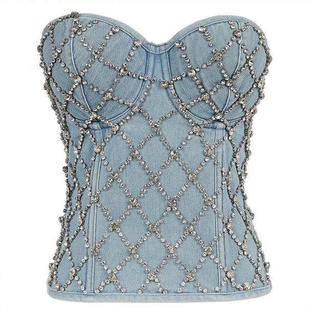 Women's Clothing Diamond Beaded Denim Top Strapless Vest Lace Up Shaping Slimming Zipper Top Women_ecoleips.com