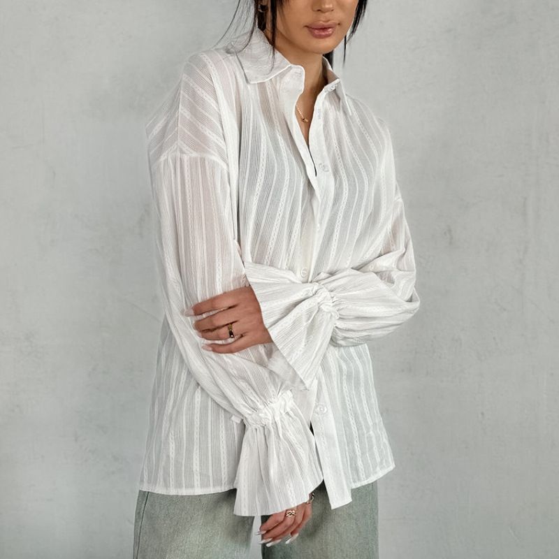 Women's Striped Shirt European American Style Long Sleeve Puff Sleeve Loose Fit Fashionable Versatile Top_ecoleips.com
