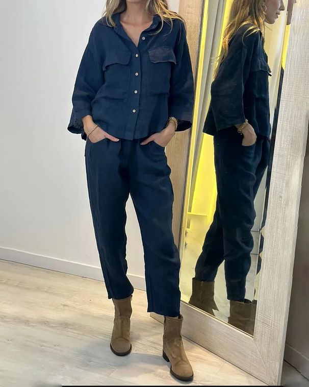 Women's Clothing 2 Piece Set Large Size Cotton And Linen Shirt Set High Waist Loose Nine Points_ecoleips.com