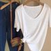 Pure Desire Style Casual V-Neck Collarbone Exposed Snowflake Cotton Short-Sleeved T-Shirt For Women, A Loose And Slimmin_ecoleips.com