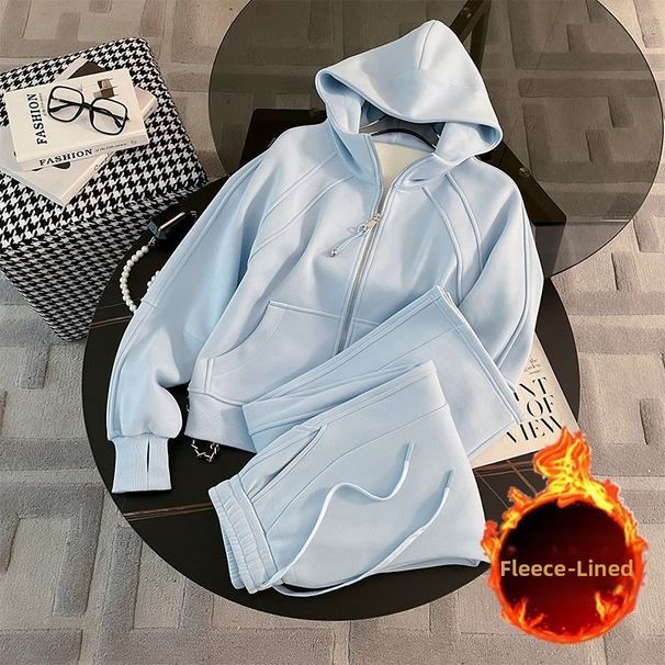 Women's Autumn Winter Fashionable Two Piece Set High Waisted Wide Leg Pants And Fleece Lined Hooded Sweatshirt Casual Loose Fit Youthful Outfit_ecoleips.com