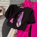 Women's Summer Two-Piece Set - Black Short Sleeve T-Shirt & Pink Wide Leg Pants, Casual Sporty Outfit_ecoleips.com