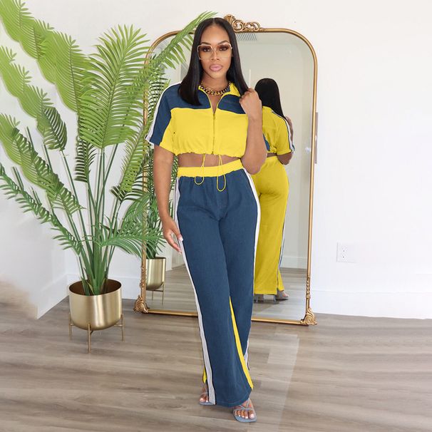 Women's Clothing Colorblock Contrast Two Piece Women's Sportswear Short Top + Wide Leg Pants Set_ecoleips.com