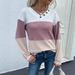 Women's Color-Block V-Neck Knit Sweater, Loose Fit Long Sleeve Pullover, Trendy Contrast Stitching Casual Top (Pink, S/M/L/Xl/Xxl)_ecoleips.com