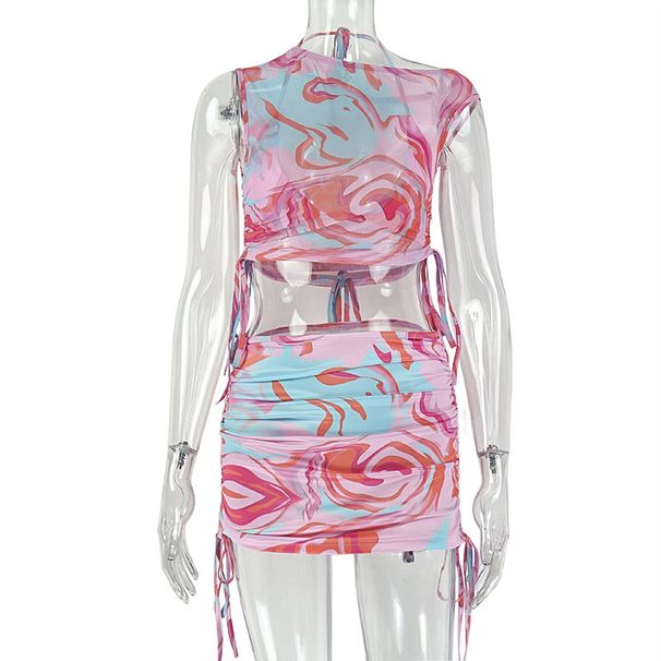 Women's Fashion Vacation Travel Dress Set European And American Style Printed Sweet Asymmetrical Top Short Two Piece Set_ecoleips.com