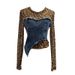 Women's Clothing Real Shot Fashion Leopard Print Perspective Hot Girl Mesh Splicing Denim Irregular Bottoming Shirt Short Top_ecoleips.com
