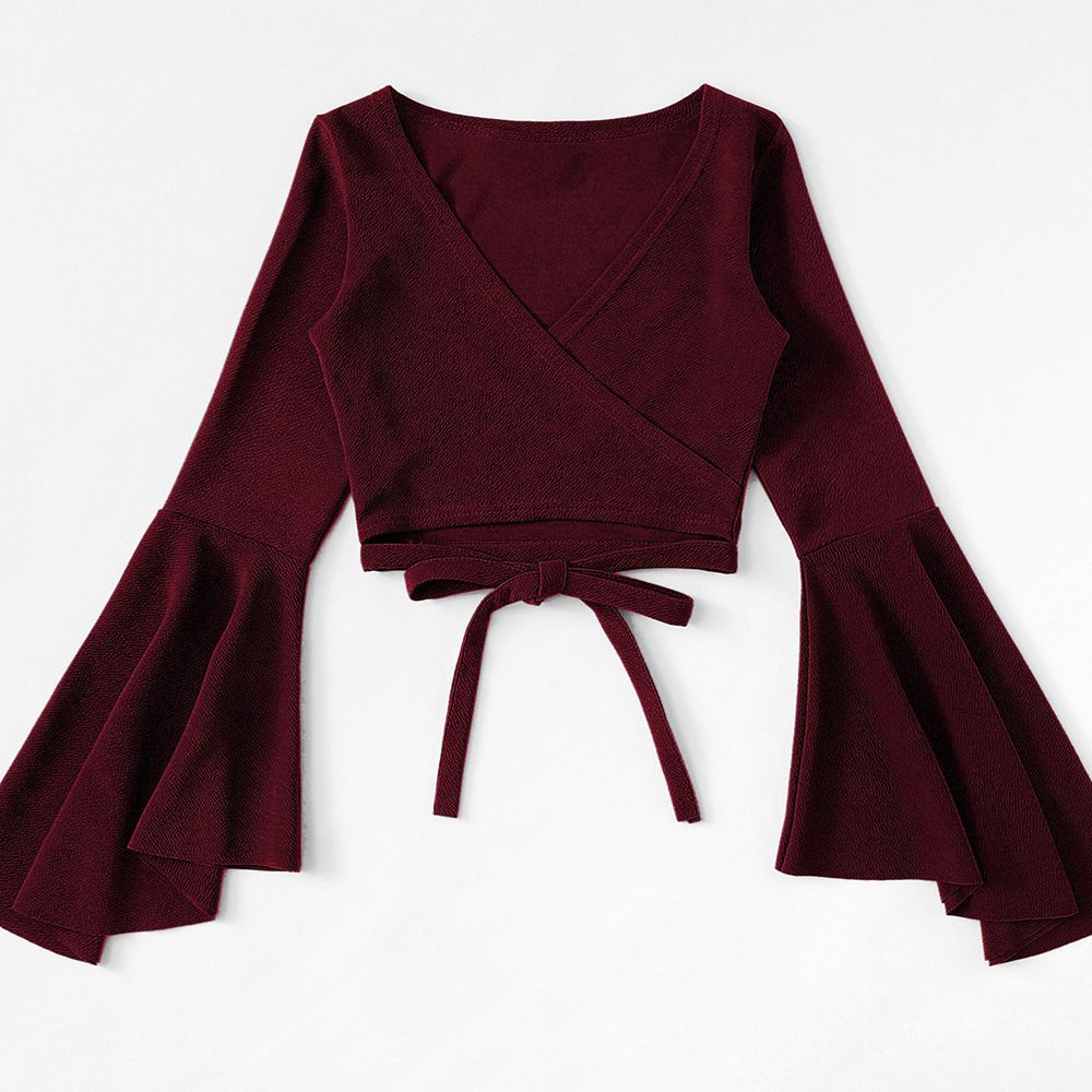 Voya Women's Fashion Design T-shirt With Spring And Summer Bat Sleeves, Short Cut, Exposed Navel, Dark Red Top_ecoleips.com