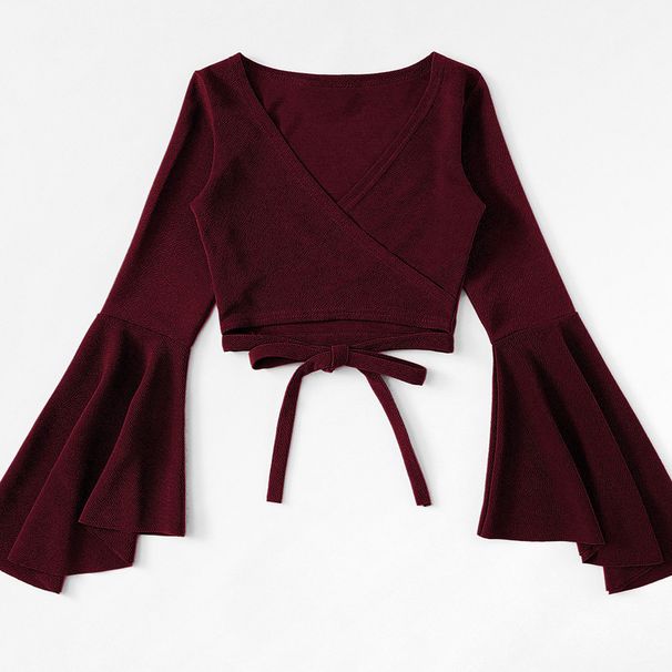 Voya Women's Fashion Design T-shirt With Spring And Summer Bat Sleeves, Short Cut, Exposed Navel, Dark Red Top_ecoleips.com