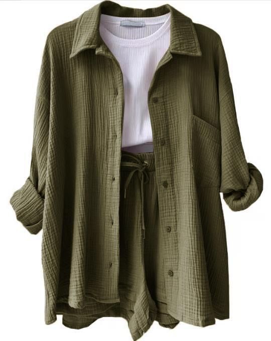 Women's Wrinkle-Resistant 2-Piece Set – Long Sleeve Button-Down Shirt & High-Waisted Drawstring Shorts – Plus Size Casual Outfit (S-Xxl, 19 Colors)_ecoleips.com