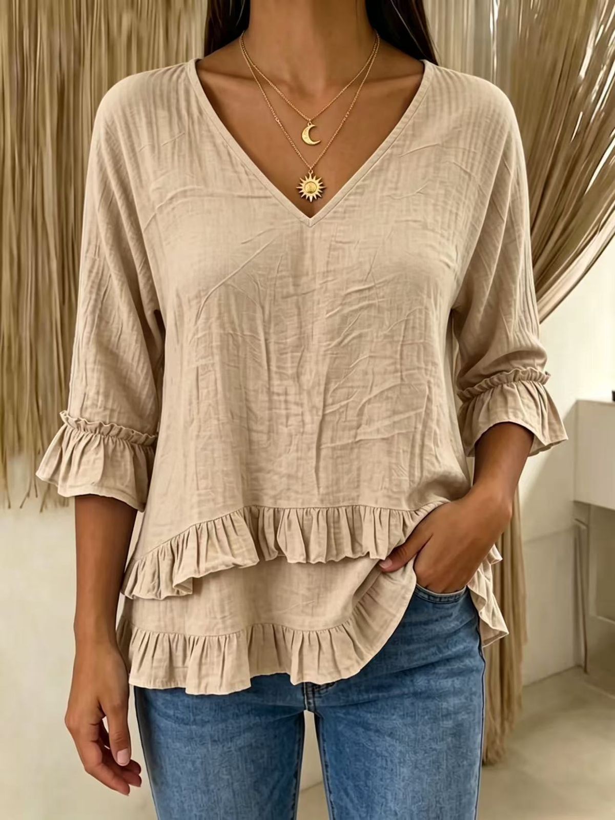 Women's V Neck Short Sleeve Shirt Spring/Summer Cotton Linen Loose Fit Solid Color American Style Top_ecoleips.com