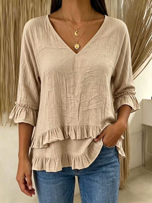 Women's V Neck Short Sleeve Shirt Spring/Summer Cotton Linen Loose Fit Solid Color American Style Top_ecoleips.com