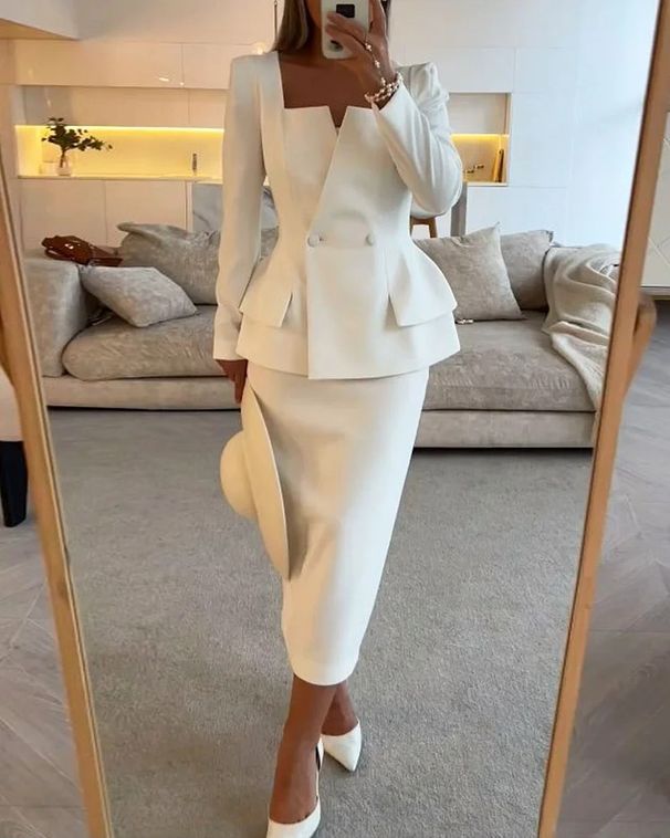 Women's Clothing Suit Autumn Square Collar Casual Solid Color Waist Two piece Suit_ecoleips.com