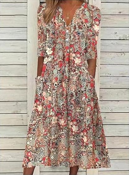 2023 New European And American Style Printed Summer V-neck Casual Vacation Pocket Dress Home Wear For Women_ecoleips.com