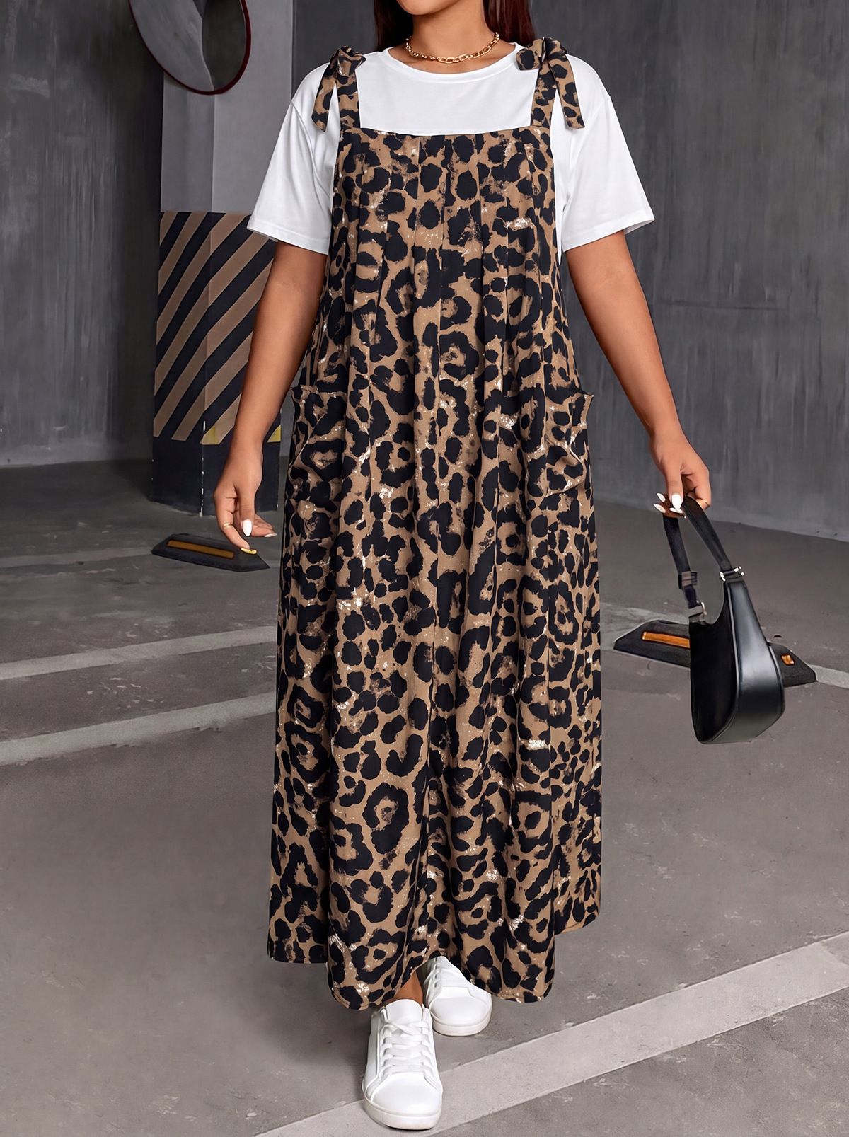 Large Size Retro Leopard Print Strap Skirt Loose And Thin Pocket Long Casual Tooling Wind Strap Skirt_ecoleips.com