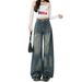 Unique Retro Blue Ripped Wide-leg Jeans For Women, Summer American-style Distressed Loose Straight-leg Pants, Versatile_ecoleips.com