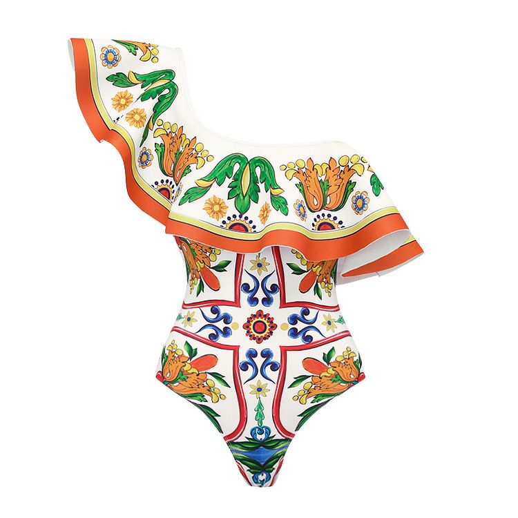 Women's One-Shoulder Ruffled Swimsuit - Enamel Printed One-Piece Beachwear, European & American Style_ecoleips.com