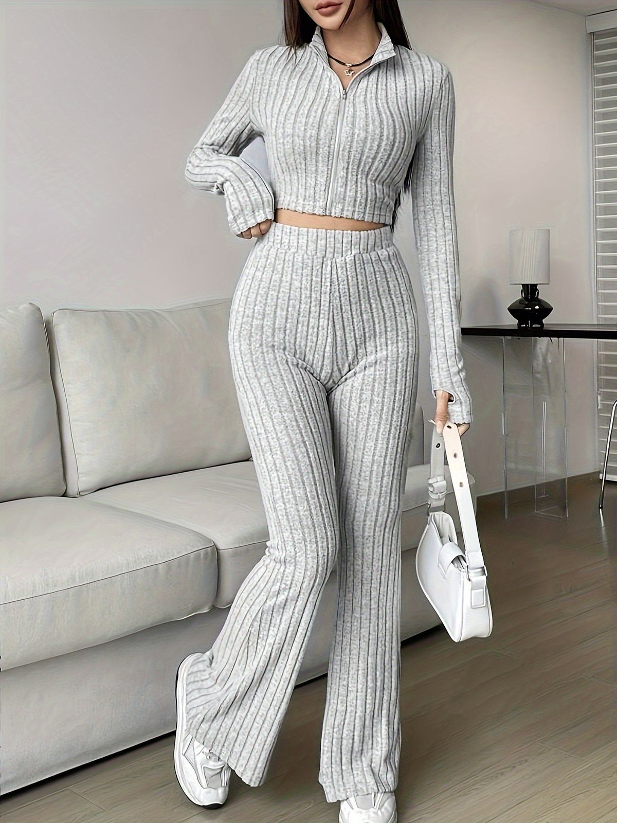 Fashion Solid Color Ribbed Two-Piece Zipper Long Sleeve Short Top And High Waist Flared Pants Set Women's Casual_ecoleips.com