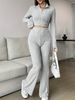 Fashion Solid Color Ribbed Two-Piece Zipper Long Sleeve Short Top And High Waist Flared Pants Set Women's Casual_ecoleips.com